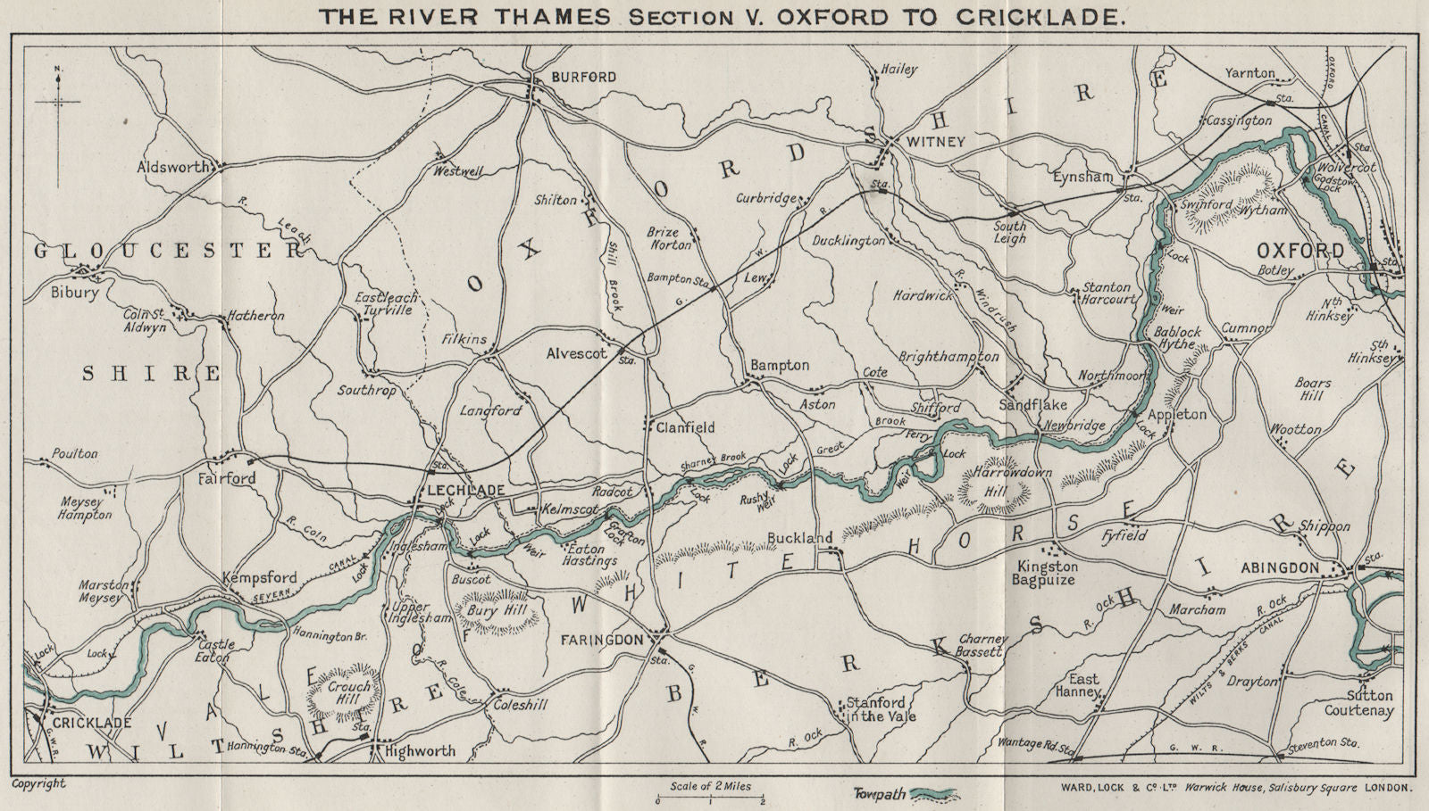 RIVER THAMES (5) Oxford-Lechlade-Cricklade. Vale of Whote Horse. Witney 1912 map